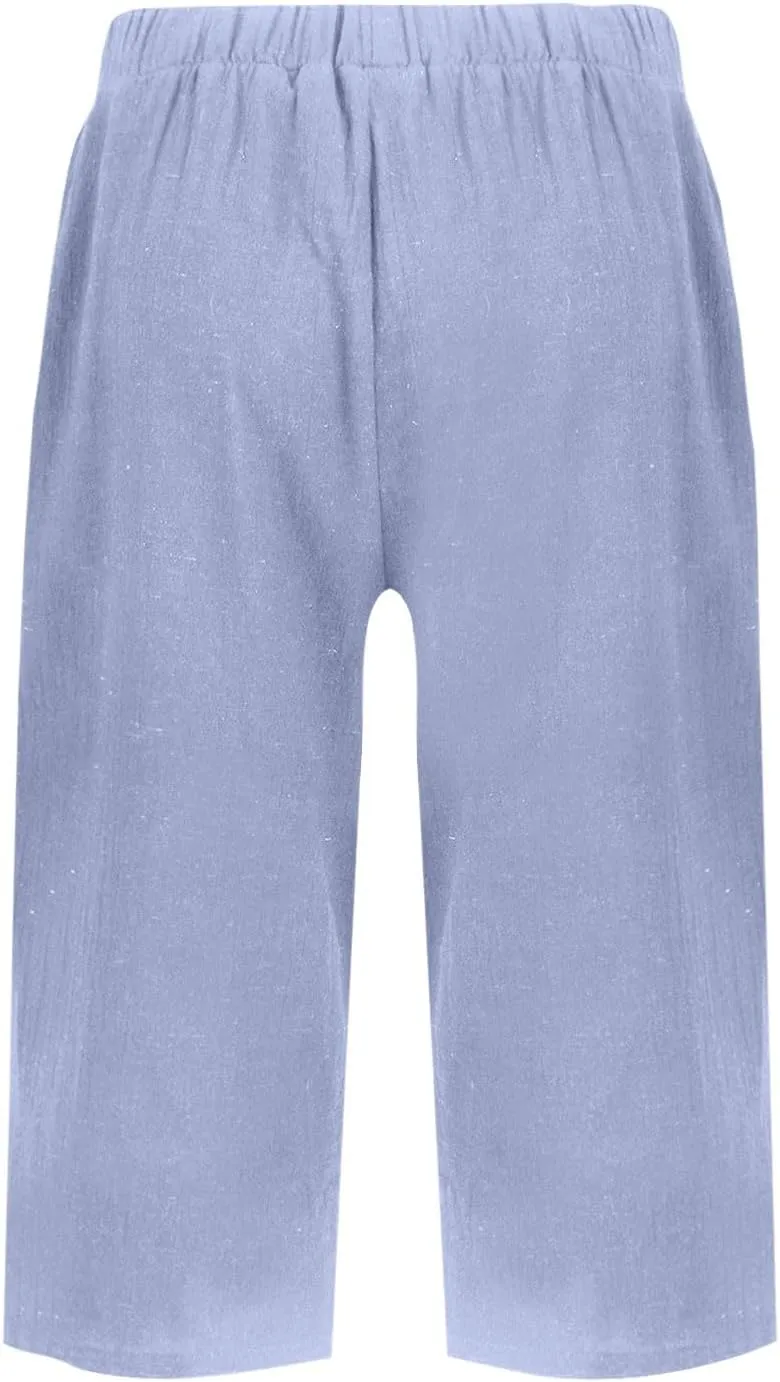Summer Shorts for Women Elastic High Waisted Linen Pedal Pushers with Pockets Business Casual Cropped Work Pants