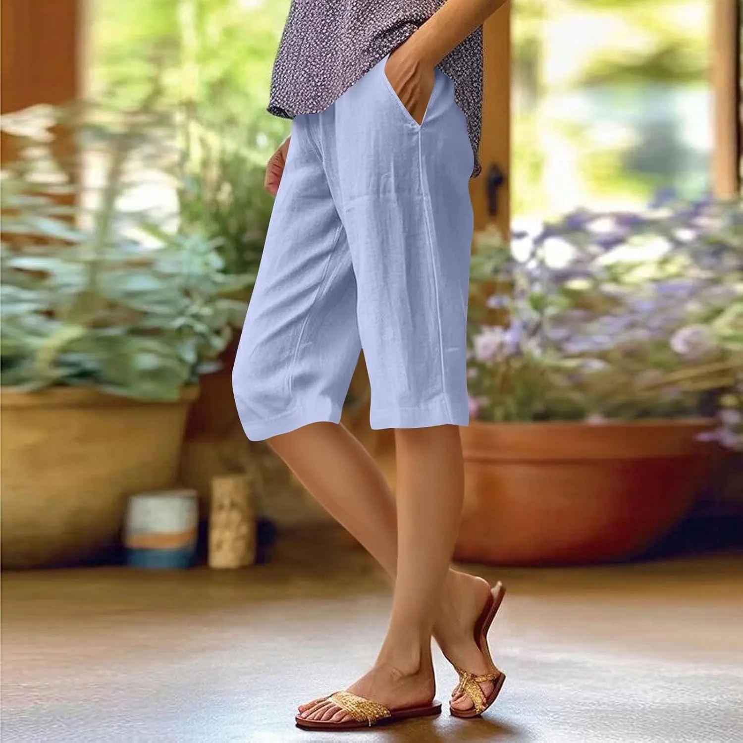 Summer Shorts for Women Elastic High Waisted Linen Pedal Pushers with Pockets Business Casual Cropped Work Pants