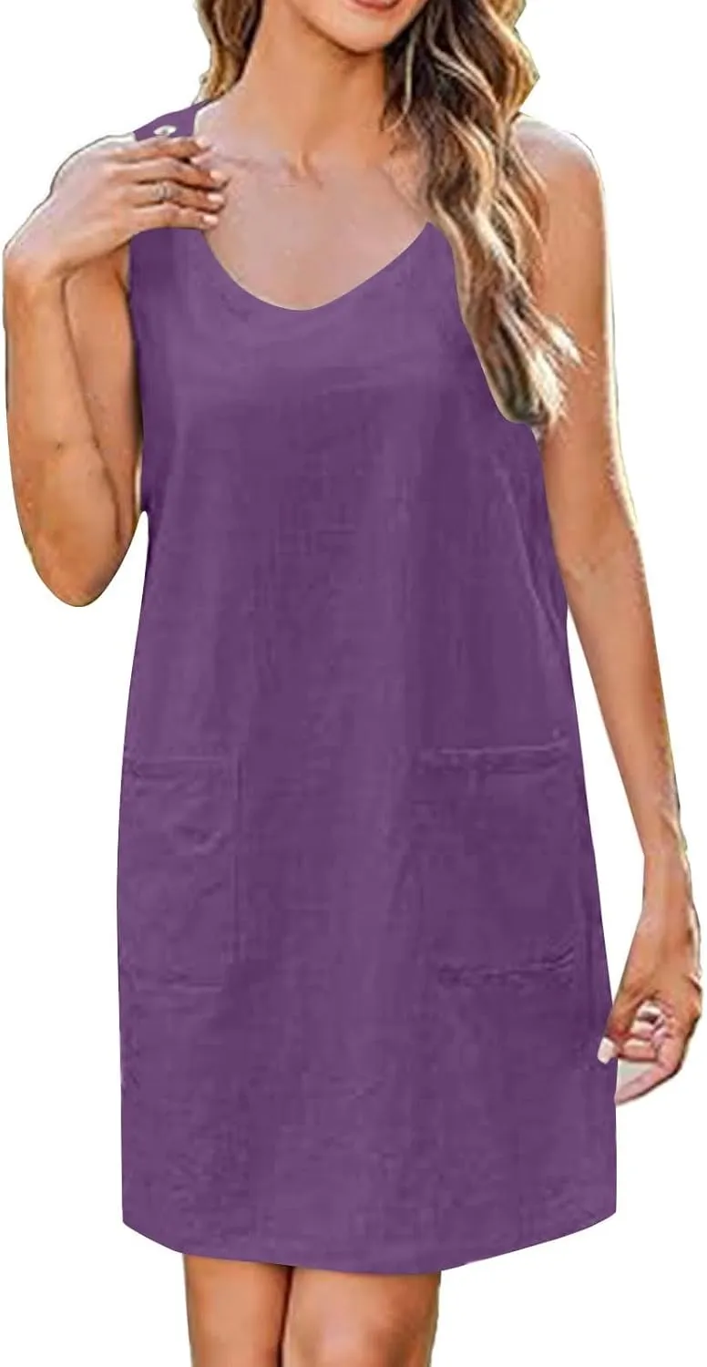 Sun Dresses for Women 2025 Vacation Sleeveless Crew Neck Mini Dress Summer Casual Loose Beach Sundress with Pockets