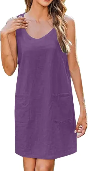 Sun Dresses for Women 2025 Vacation Sleeveless Crew Neck Mini Dress Summer Casual Loose Beach Sundress with Pockets