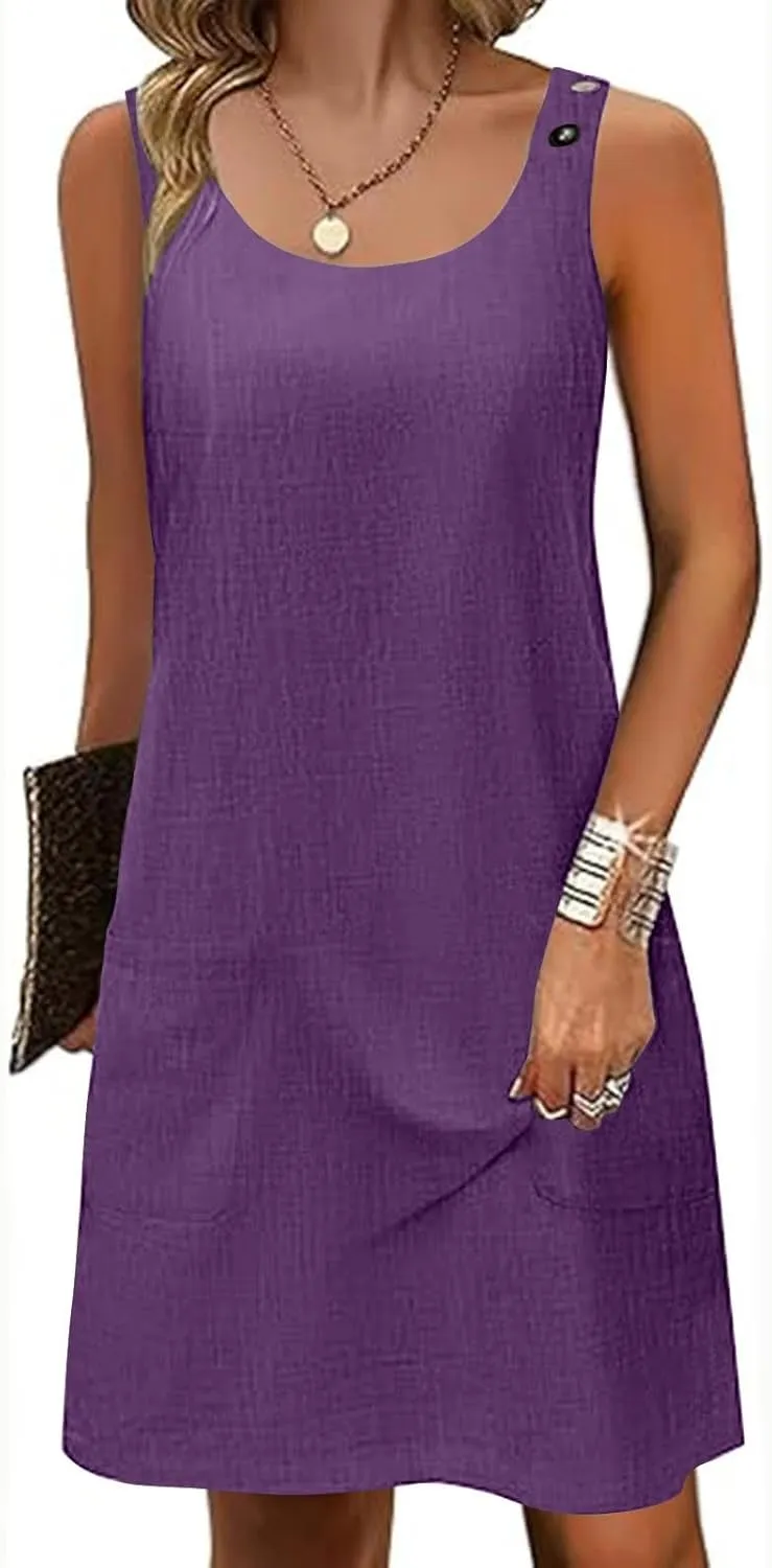 Sun Dresses for Women 2025 Vacation Sleeveless Crew Neck Mini Dress Summer Casual Loose Beach Sundress with Pockets
