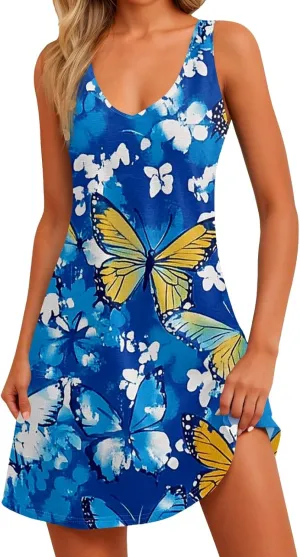 Sun Dresses Women Summer Casual V Neck Sundresses Boho Tank Dress Beach Vacation Clothes with Pockets