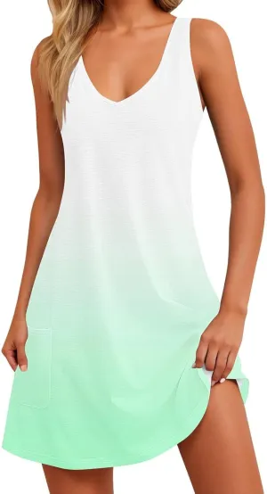 Sundress for Women 2025 Summer Casual V Neck Sleeveless Gradient Boho Tank Dress Loose Beach Dresses with Pockets