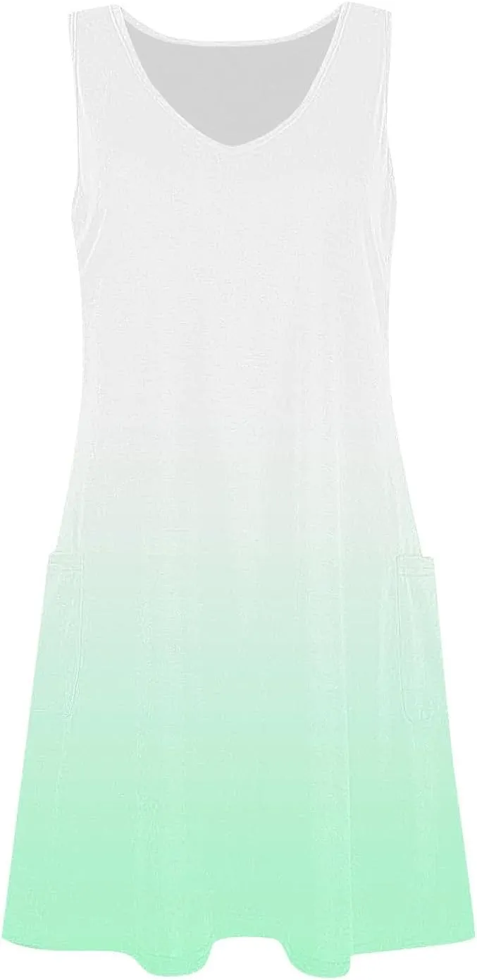 Sundress for Women 2025 Summer Casual V Neck Sleeveless Gradient Boho Tank Dress Loose Beach Dresses with Pockets