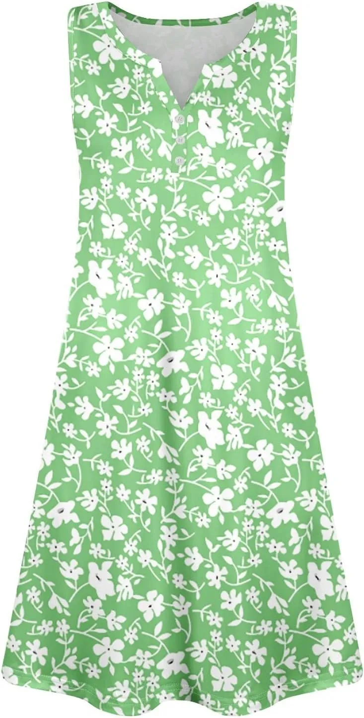 Sundresses for Women 2025 Button Up Summer Sleeveless V Neck Midi Dress A Line Beach Vacation Tank Dresses with Pocket