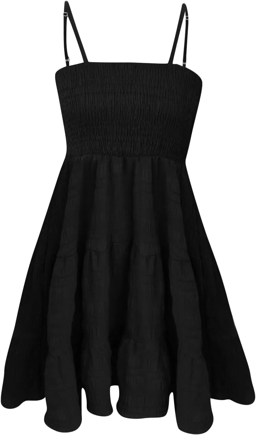 Sundresses for Women 2025 Short Smocked Spaghetti Strap Babydoll Dress Casual Summer Flowy Tiered A Line Skater Dress