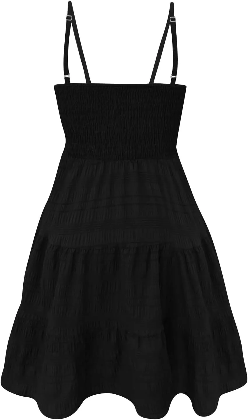 Sundresses for Women 2025 Short Smocked Spaghetti Strap Babydoll Dress Casual Summer Flowy Tiered A Line Skater Dress