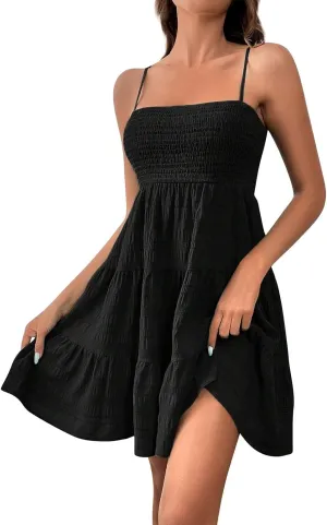 Sundresses for Women 2025 Short Smocked Spaghetti Strap Babydoll Dress Casual Summer Flowy Tiered A Line Skater Dress