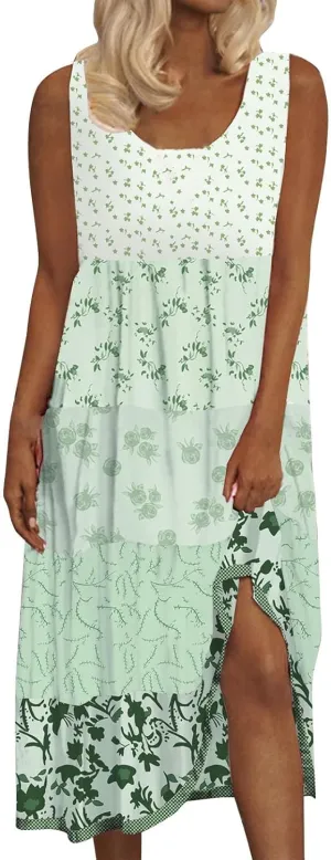Sundresses for Women 2025 Sleeveless Boho Floral Flowy Summer Beach Dress Loose Elegant Pleated A Line Hawaiian Dress