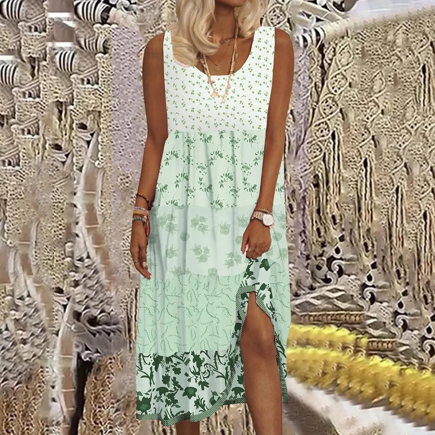 Sundresses for Women 2025 Sleeveless Boho Floral Flowy Summer Beach Dress Loose Elegant Pleated A Line Hawaiian Dress