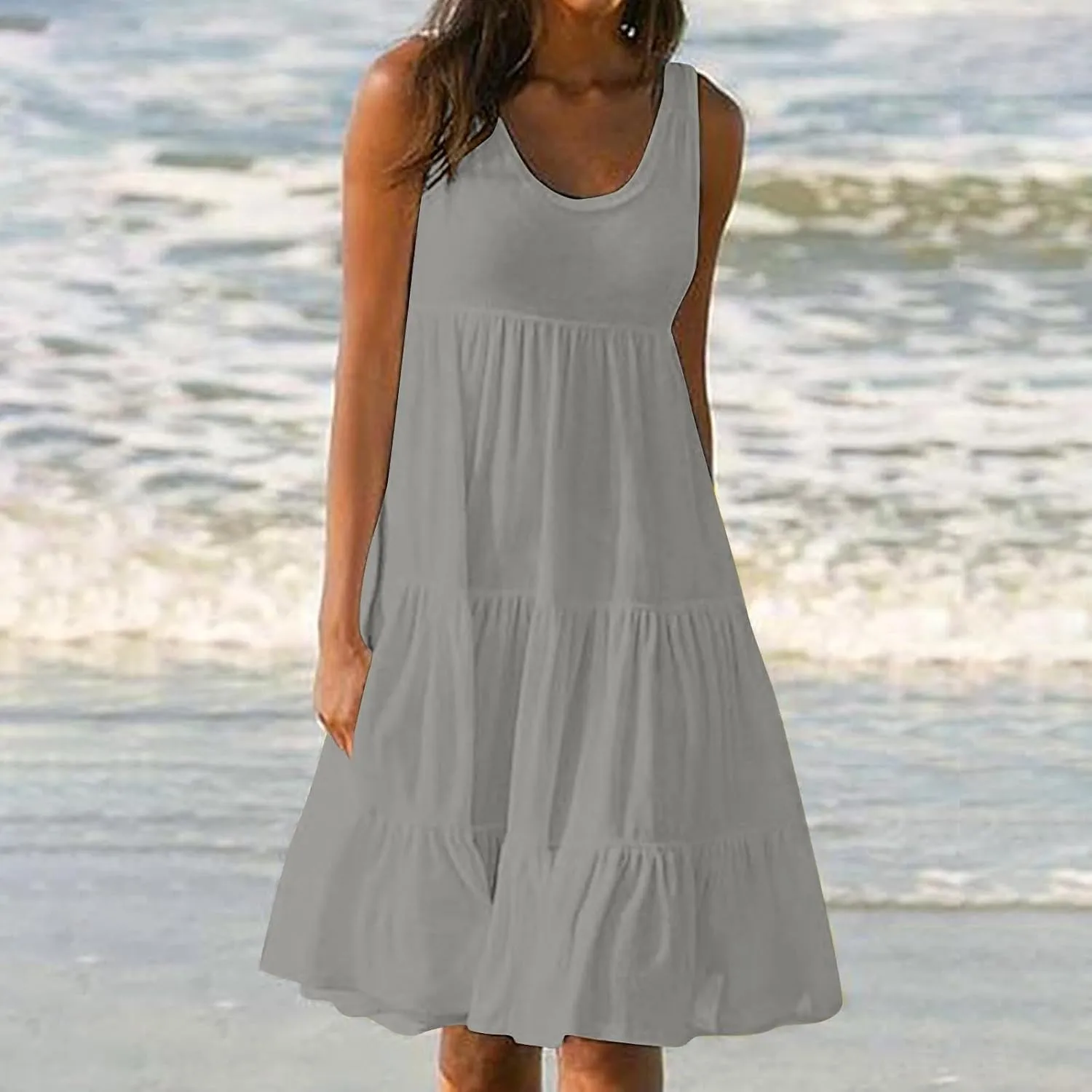 Sundresses for Women 2025 Sleeveless Cute Petite Mini Dress Tiered Summer Flowy Boho Sundress Beach Wear Spring Tank Dresses