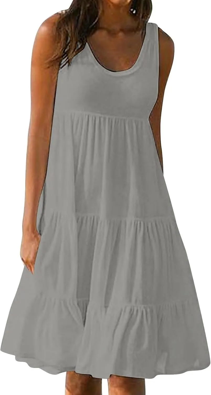 Sundresses for Women 2025 Sleeveless Cute Petite Mini Dress Tiered Summer Flowy Boho Sundress Beach Wear Spring Tank Dresses