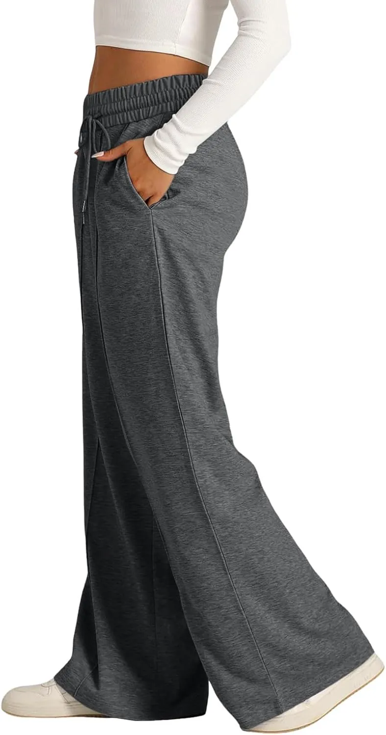 Sweatpants Women Baggy Wide Leg Elastic Drawstring Lounge Pants Straight Leg Open Bottom High Waist Joggers Trouser