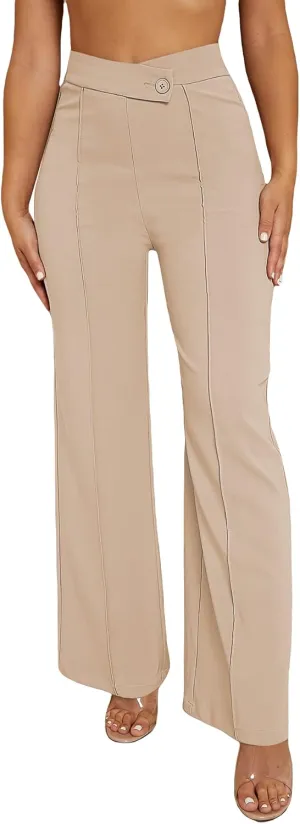 SweatyRocks Women's Overlap Waist Seam Front Palazzo Wide Leg Pants High Waist Long Pant Casual Trousers