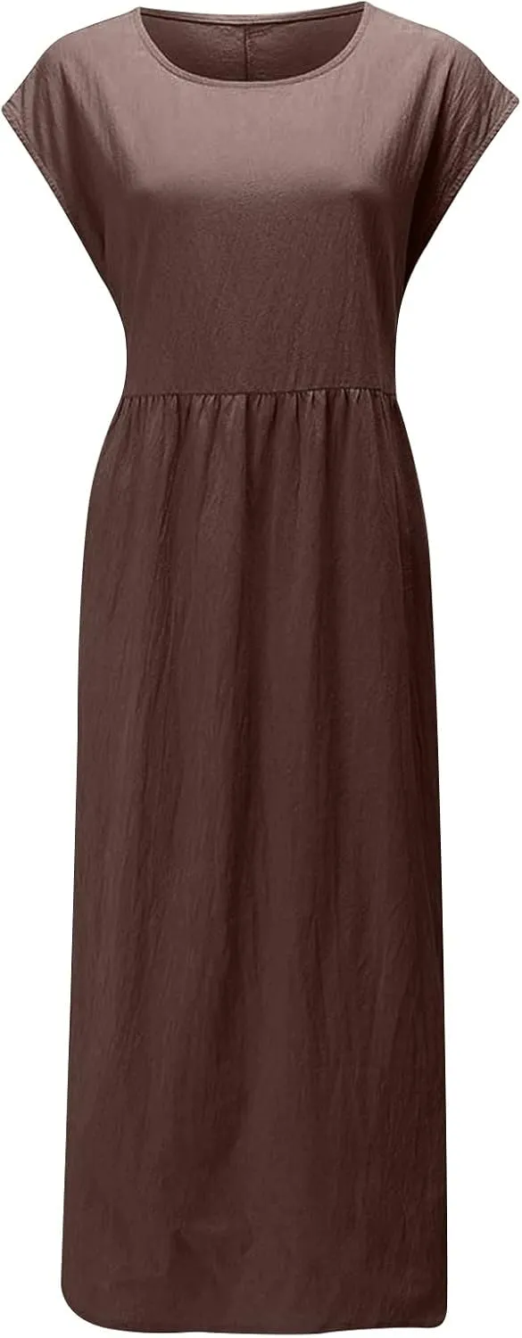TANGNADE Womens Cotton Linen Maxi Dress Summer Solid Color Short Sleeve Crew Neck Dresses Plus Size Flowy Beach Dress