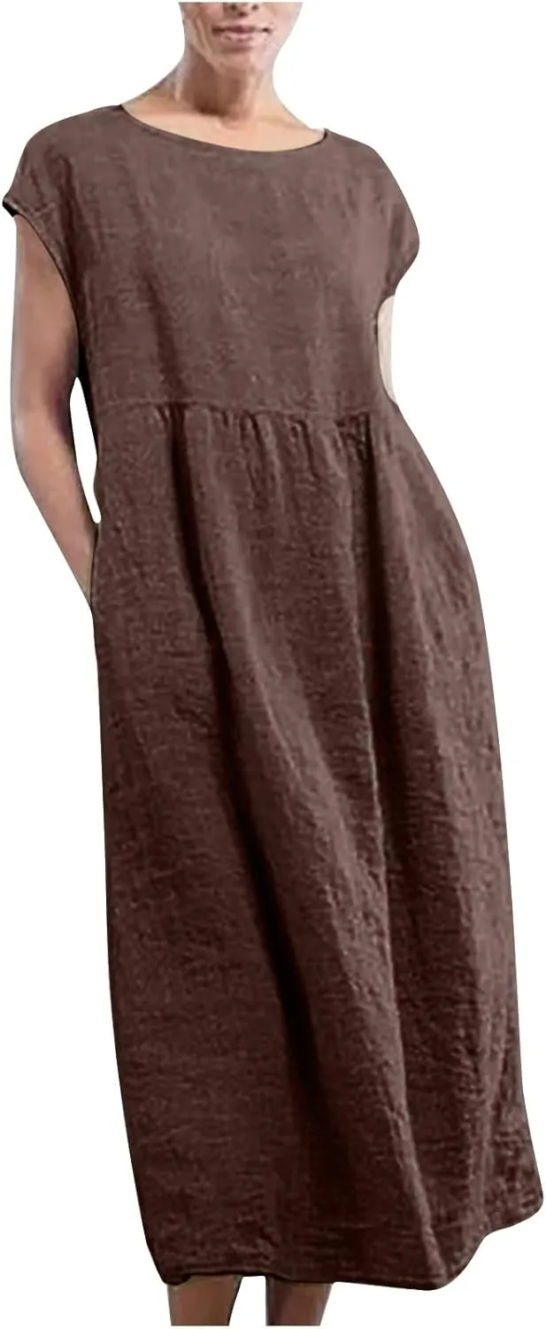 TANGNADE Womens Cotton Linen Maxi Dress Summer Solid Color Short Sleeve Crew Neck Dresses Plus Size Flowy Beach Dress