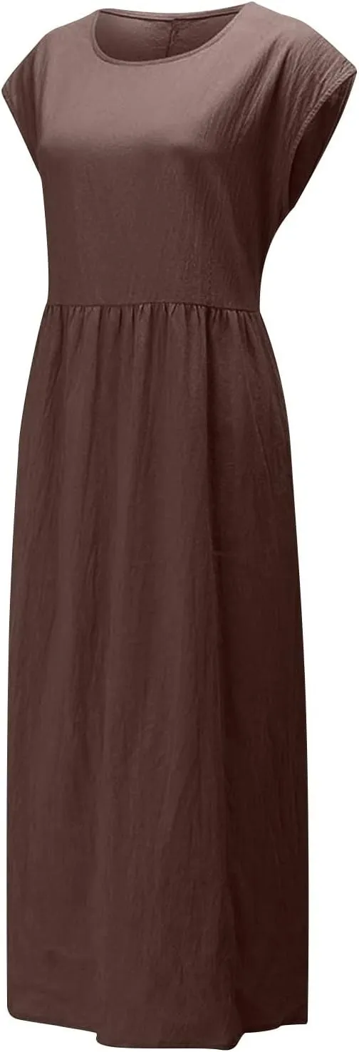TANGNADE Womens Cotton Linen Maxi Dress Summer Solid Color Short Sleeve Crew Neck Dresses Plus Size Flowy Beach Dress