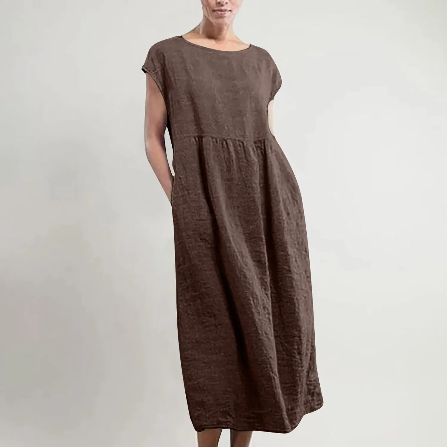 TANGNADE Womens Cotton Linen Maxi Dress Summer Solid Color Short Sleeve Crew Neck Dresses Plus Size Flowy Beach Dress