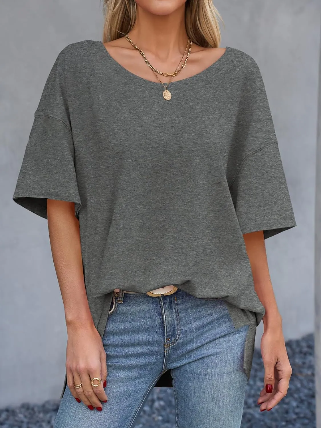 Tankaneo Womens Oversized Scoop Neck Tshirts Summer Casual Short Sleeve Tops Side Slit Loose Fit Basic Tee Shirts