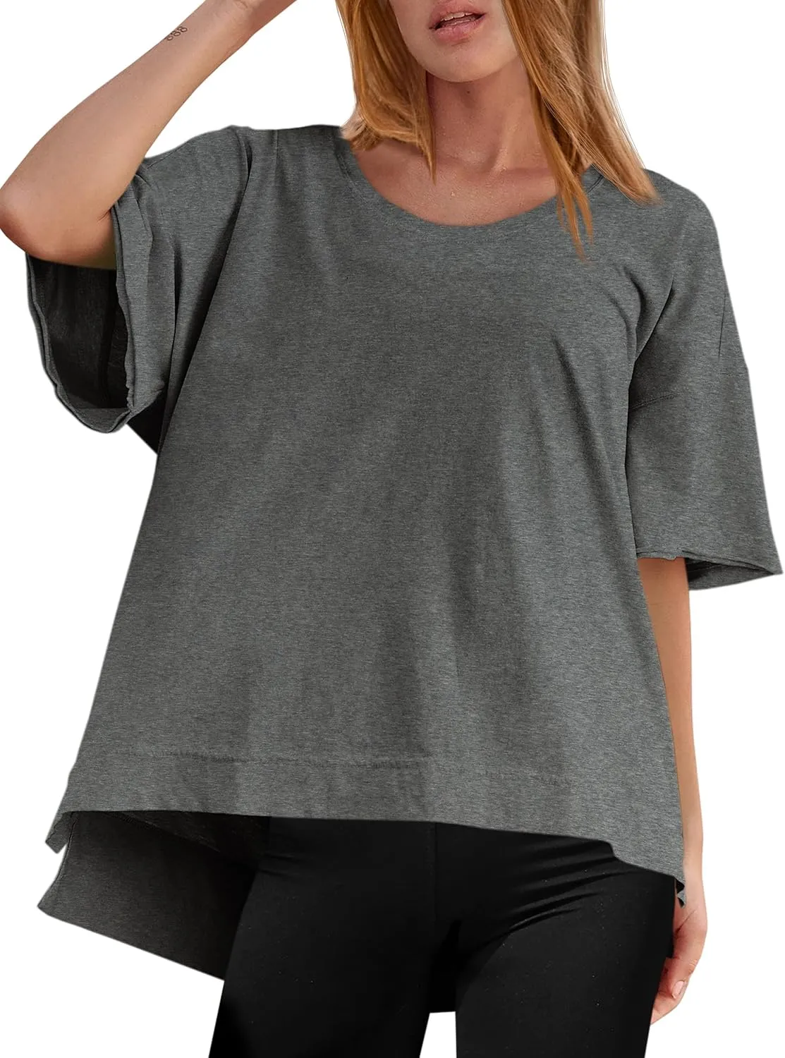 Tankaneo Womens Oversized Scoop Neck Tshirts Summer Casual Short Sleeve Tops Side Slit Loose Fit Basic Tee Shirts