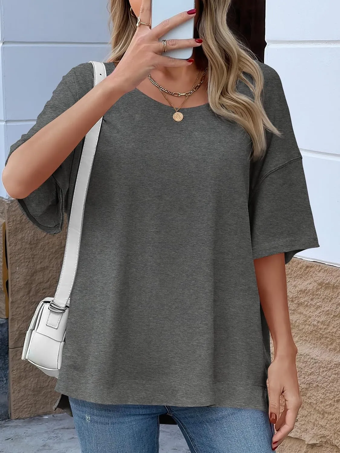Tankaneo Womens Oversized Scoop Neck Tshirts Summer Casual Short Sleeve Tops Side Slit Loose Fit Basic Tee Shirts