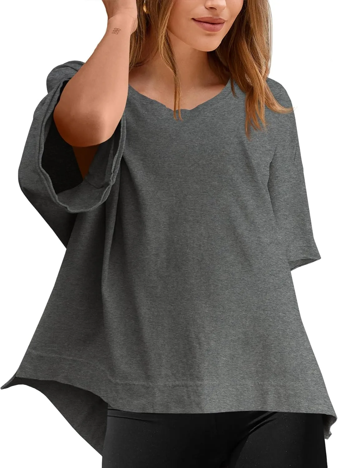 Tankaneo Womens Oversized Scoop Neck Tshirts Summer Casual Short Sleeve Tops Side Slit Loose Fit Basic Tee Shirts