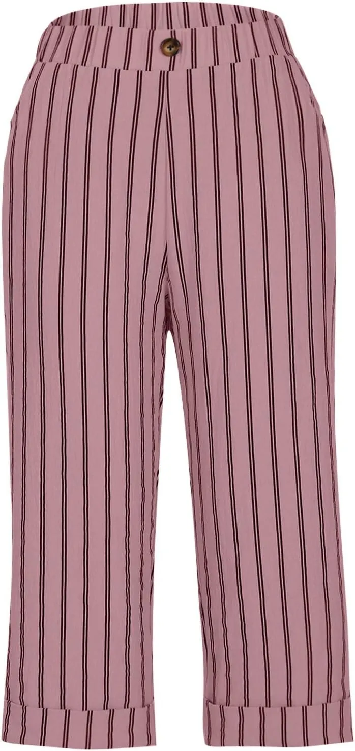 TARIENDY Capri Pants for Women Dressy Casual Summer Capris Comfy Fit Striped Cropped Trousers Vacation Outfits with Pockets