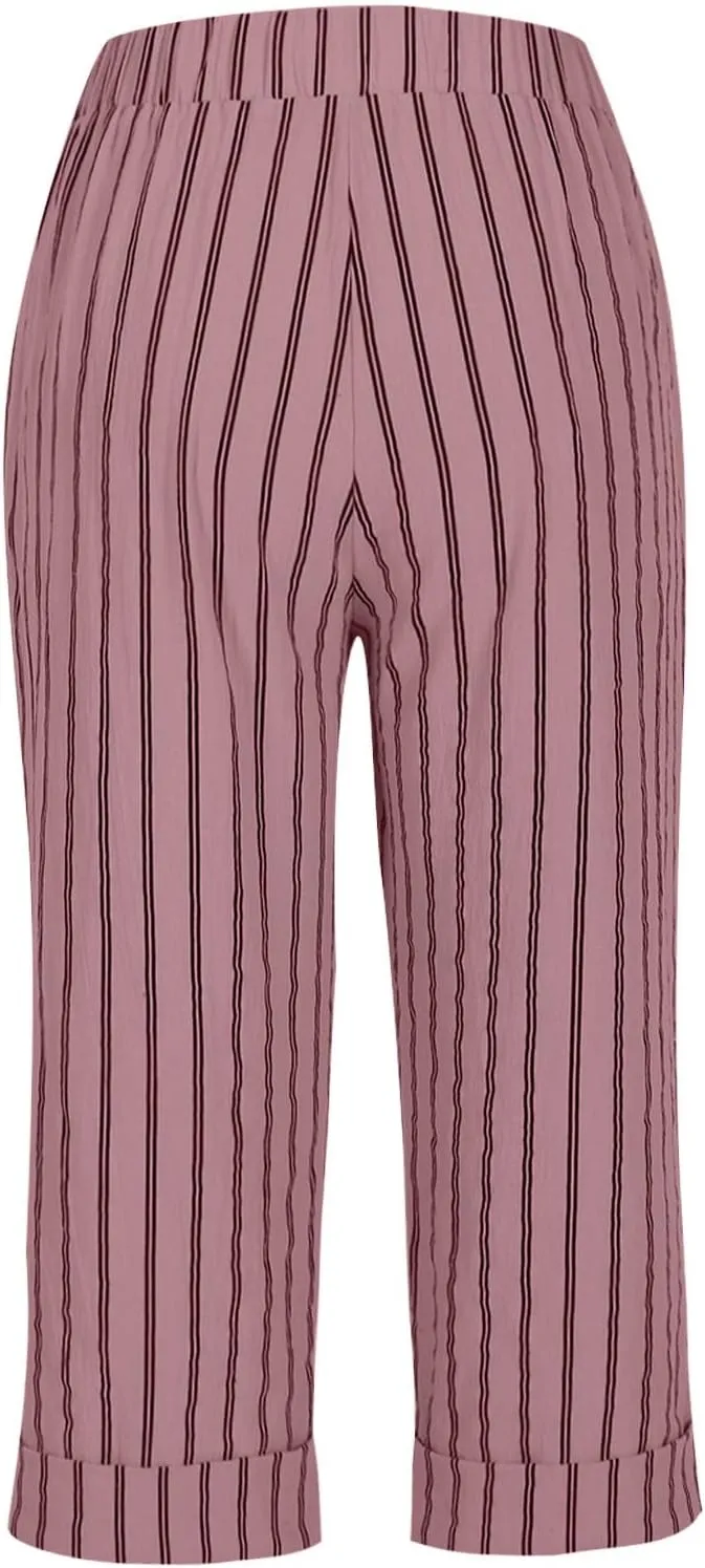 TARIENDY Capri Pants for Women Dressy Casual Summer Capris Comfy Fit Striped Cropped Trousers Vacation Outfits with Pockets