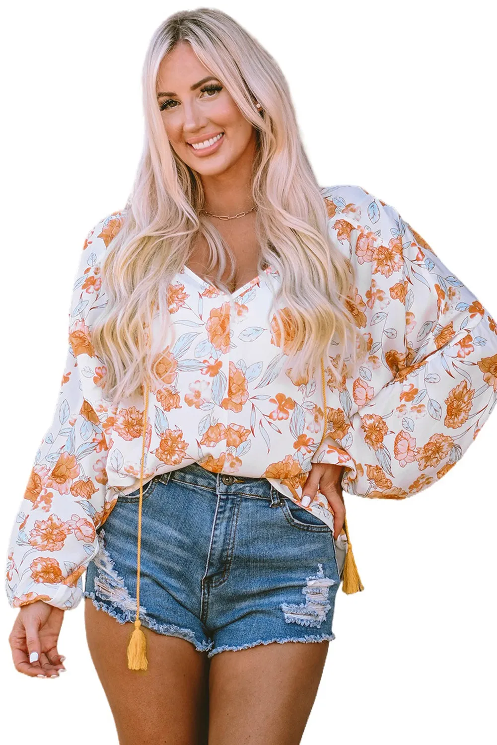 Tassel Tie V Neck Floral Blouse