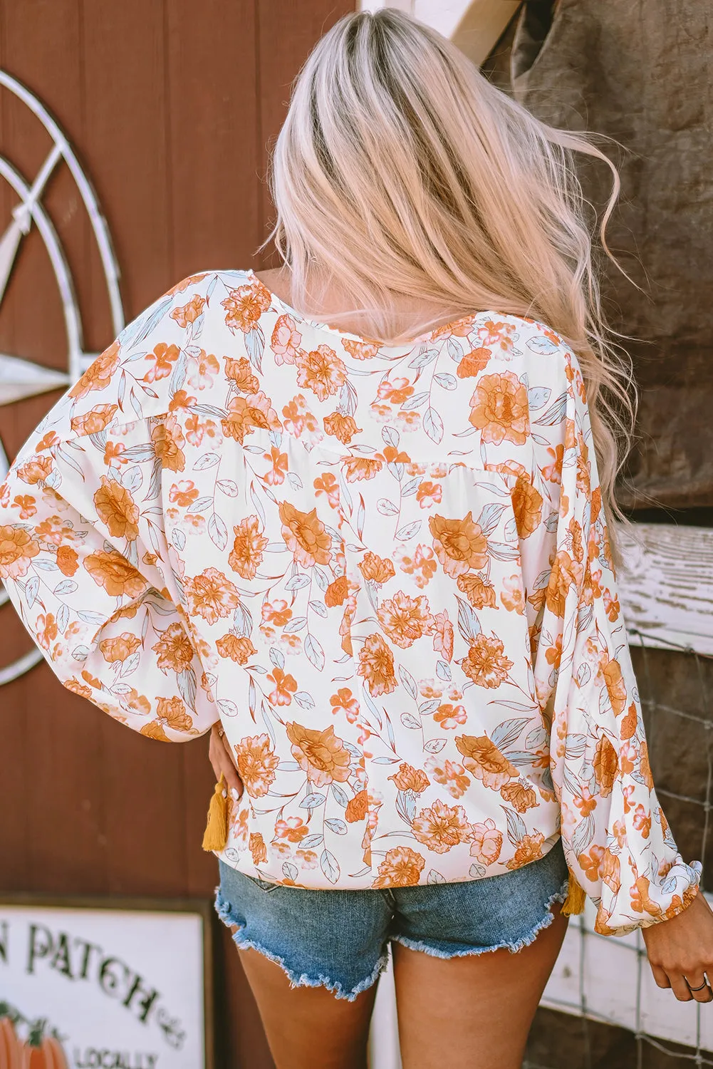 Tassel Tie V Neck Floral Blouse