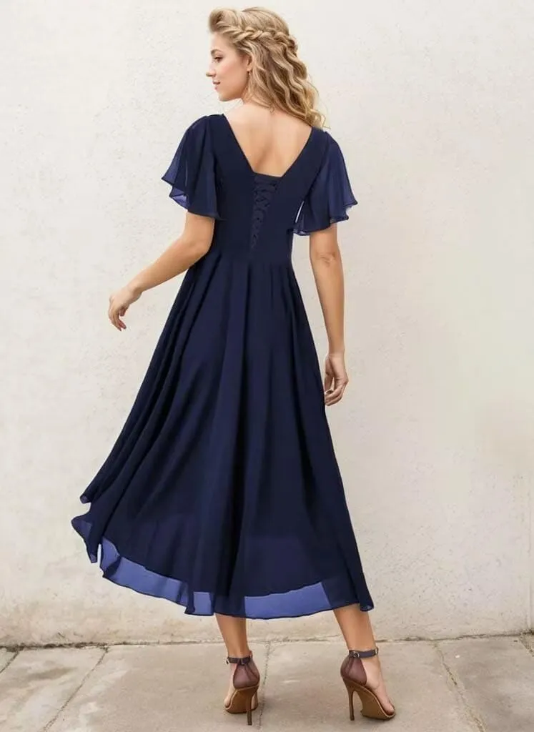 Tea Length Mother of The Bride Dresses for Wedding with Sleeves Bridesmaid Dresses Chiffon Formal Evening Party Gowns