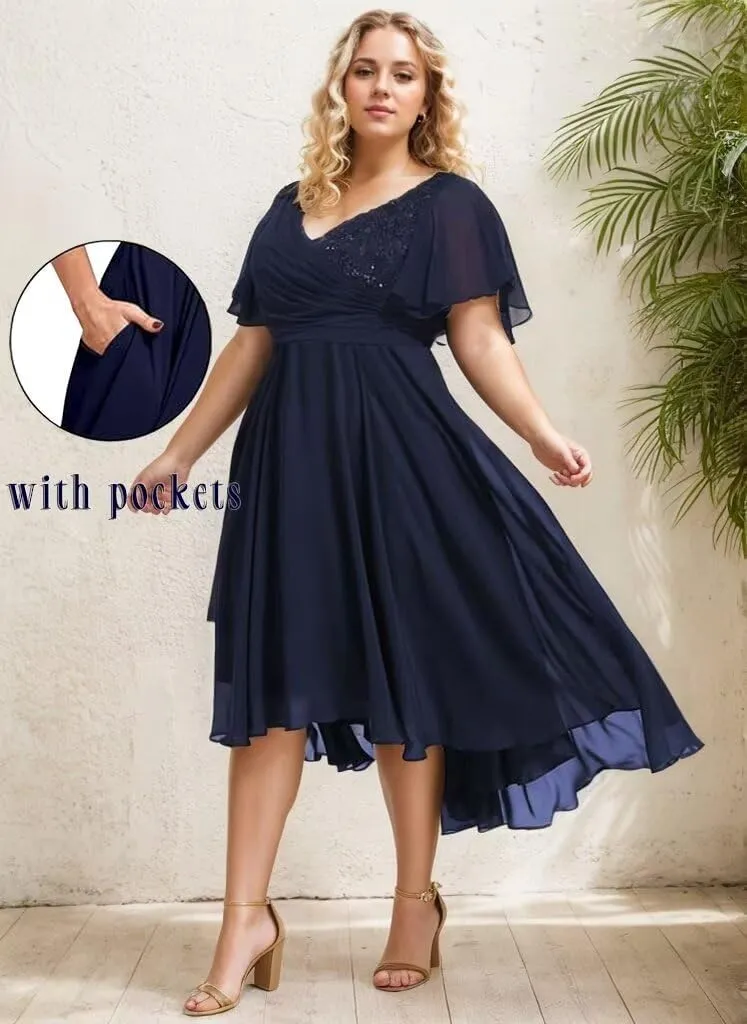 Tea Length Mother of The Bride Dresses for Wedding with Sleeves Bridesmaid Dresses Chiffon Formal Evening Party Gowns