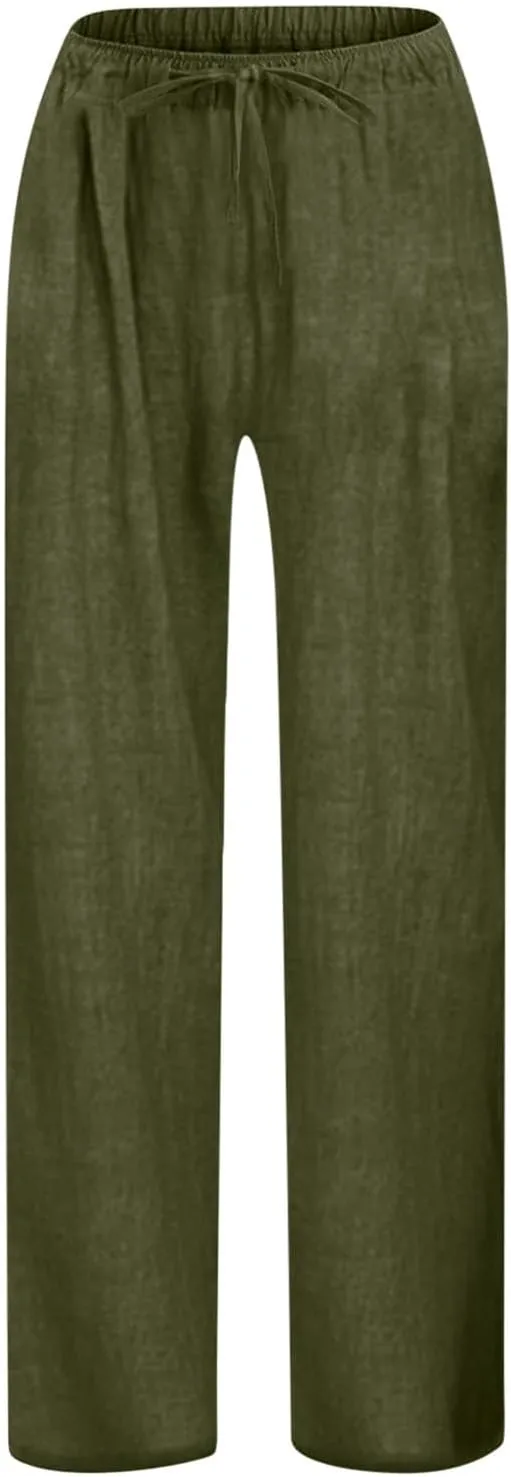 Teen Girls Preppy Cotton Linen Pants Summer Lightweight Loose Fit Elastic Waist Plus Size Solid Lounge Long Trousers