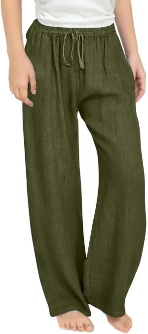 Teen Girls Preppy Cotton Linen Pants Summer Lightweight Loose Fit Elastic Waist Plus Size Solid Lounge Long Trousers