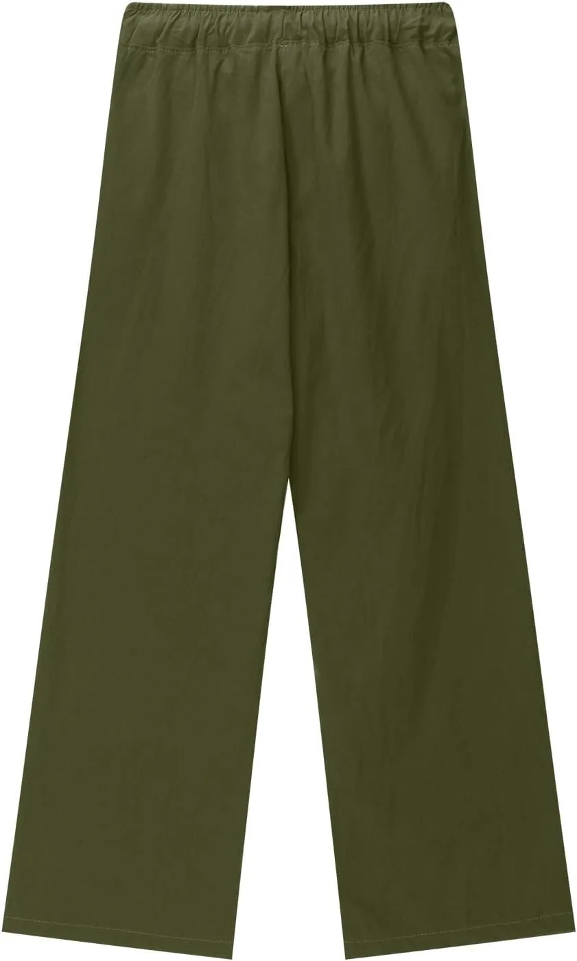 Teen Girls Preppy Cotton Linen Pants Summer Lightweight Loose Fit Elastic Waist Plus Size Solid Lounge Long Trousers