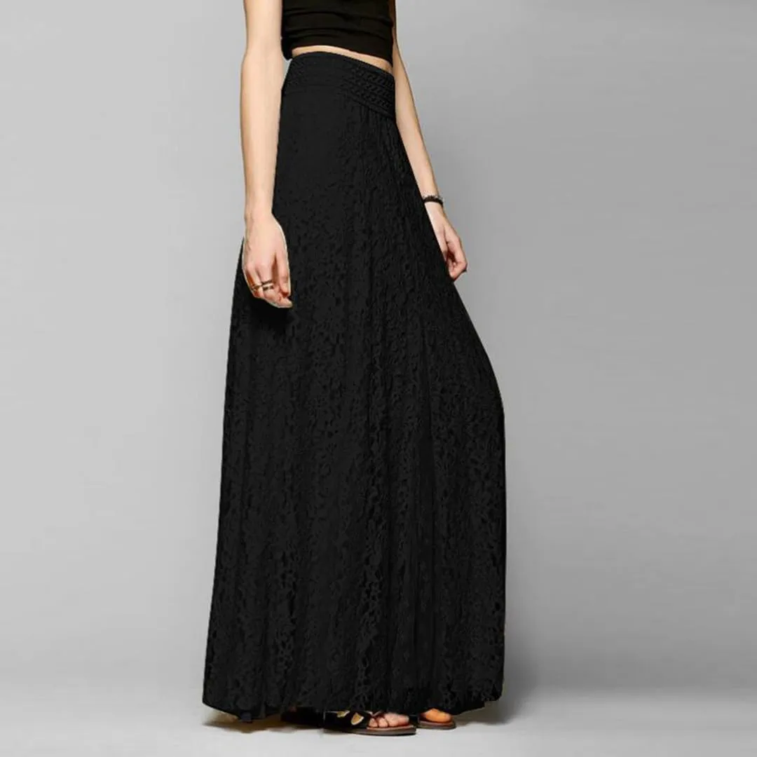 THLAI Womens Maxi Solid Elegant Pleated Skirt Lace Mesh Daily Skirt