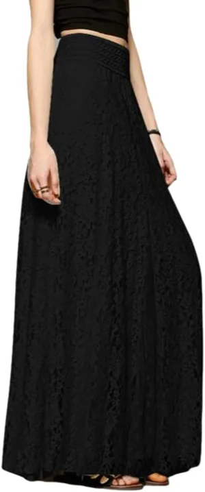 THLAI Womens Maxi Solid Elegant Pleated Skirt Lace Mesh Daily Skirt