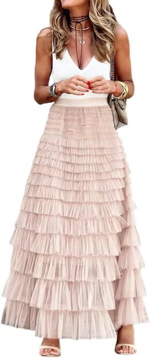 THLAI Womens Mesh Maxi Skirt Long Skirts Spring Summer Solid Skirt