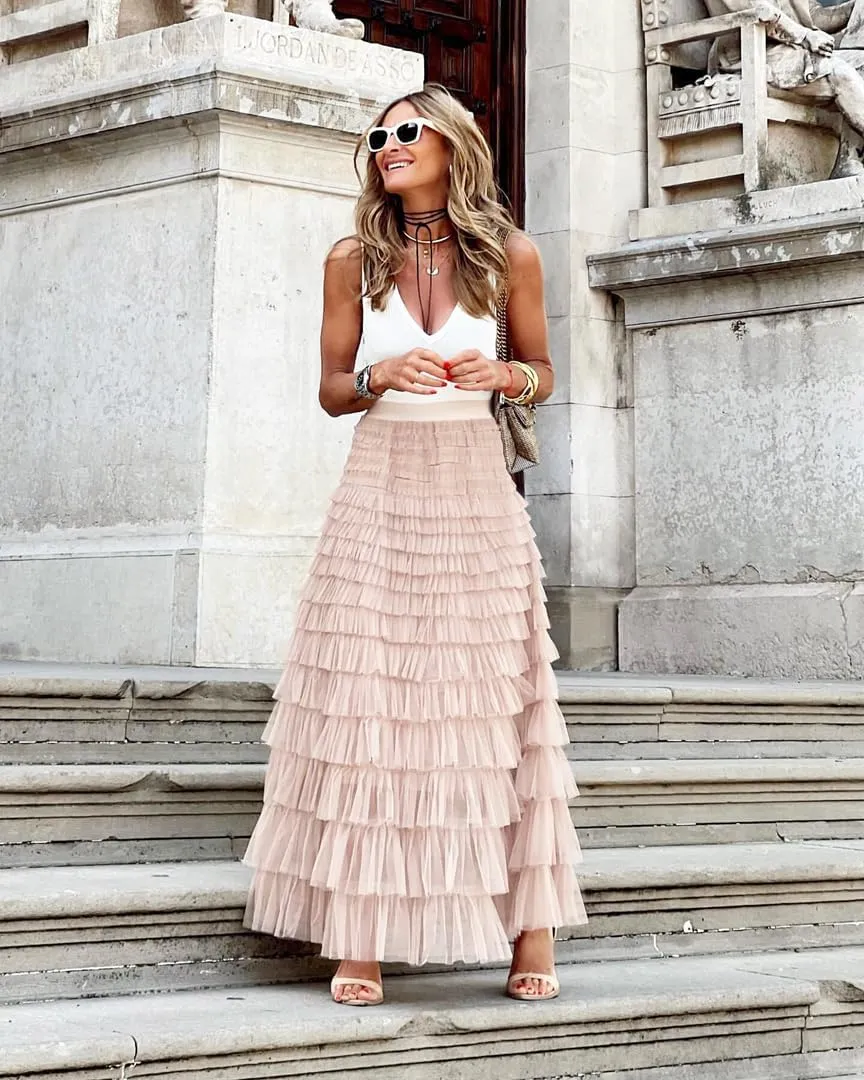 THLAI Womens Mesh Maxi Skirt Long Skirts Spring Summer Solid Skirt
