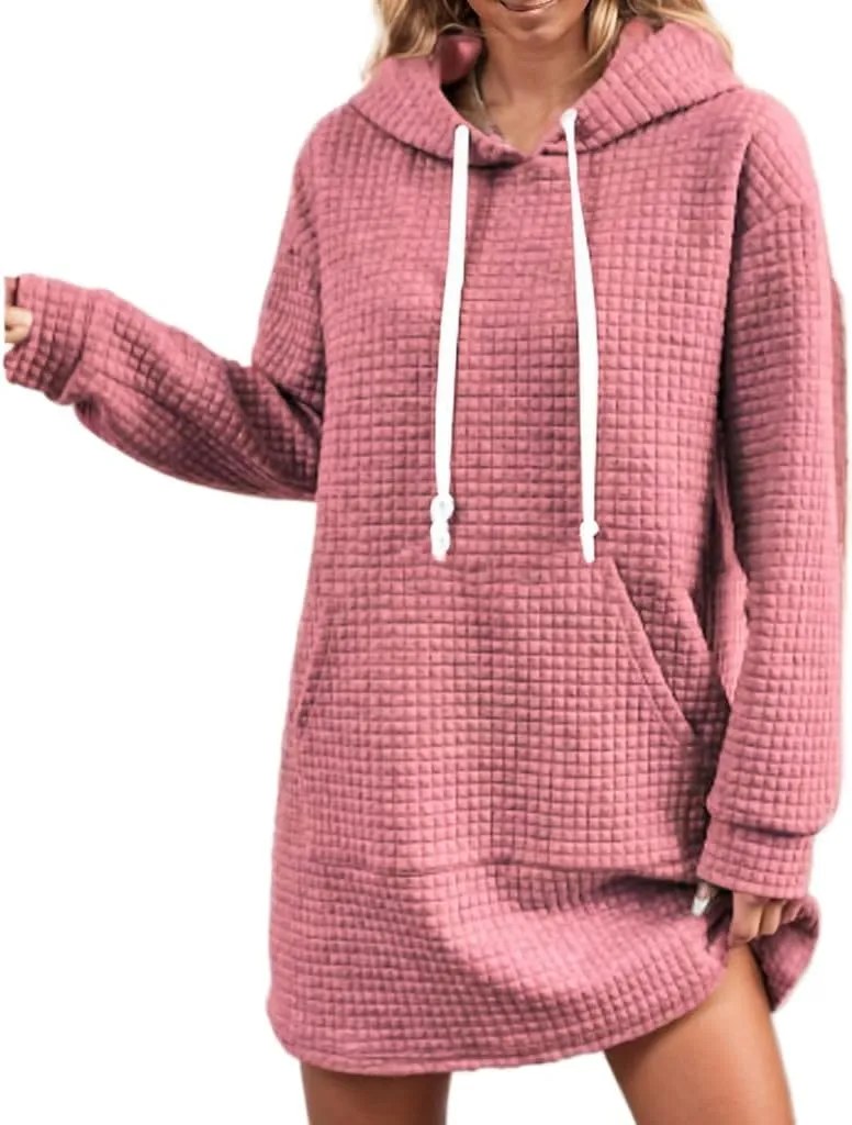 TIAFORD Womens Casual Hoodies Long Sleeve Hooded Solid Pullover Tunic Dress Oversized Sweatshirts with Pocket
