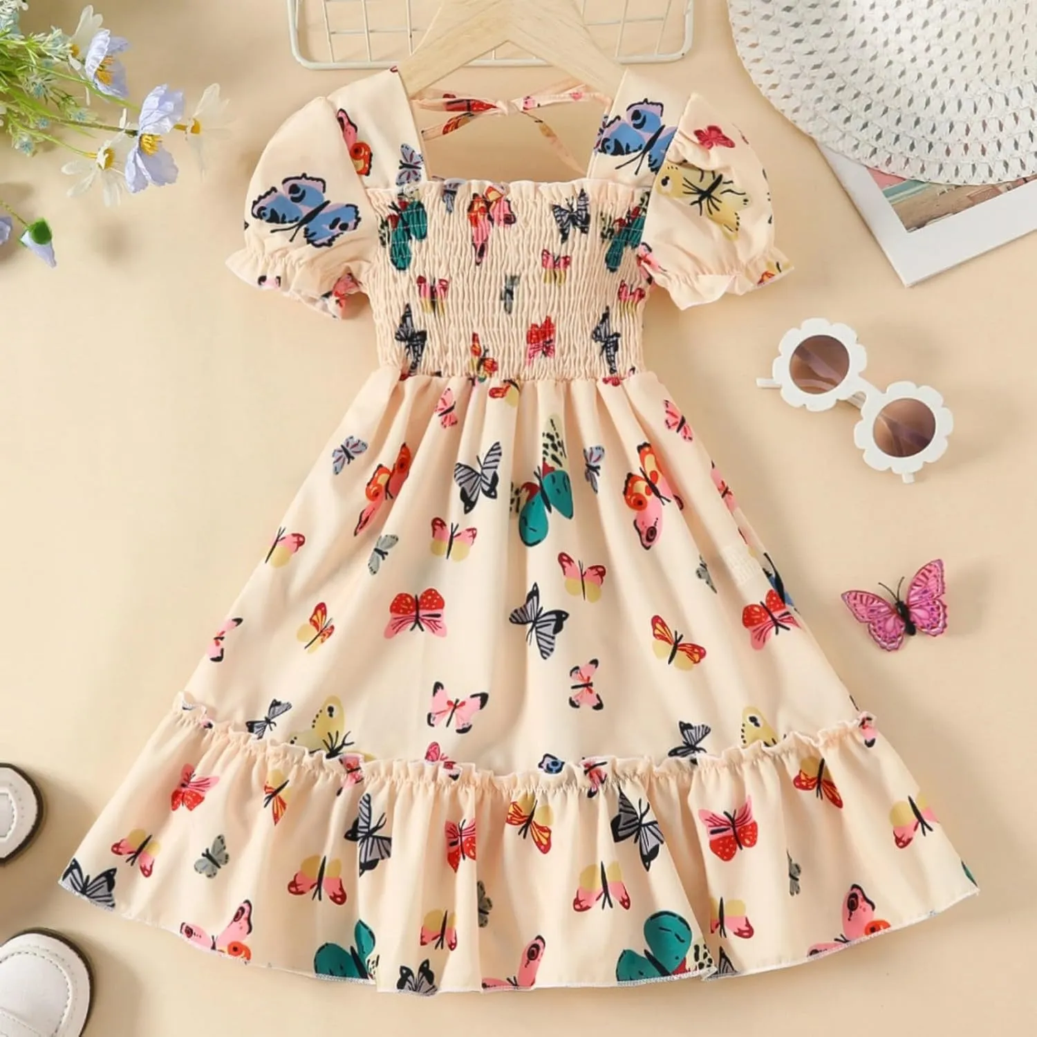 Toddler Girls Butterfly Square Neck Boho Dress Puff Sleeve A Line Midi Dresses Summer Smocked Pleated Dress