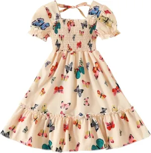 Toddler Girls Butterfly Square Neck Boho Dress Puff Sleeve A Line Midi Dresses Summer Smocked Pleated Dress