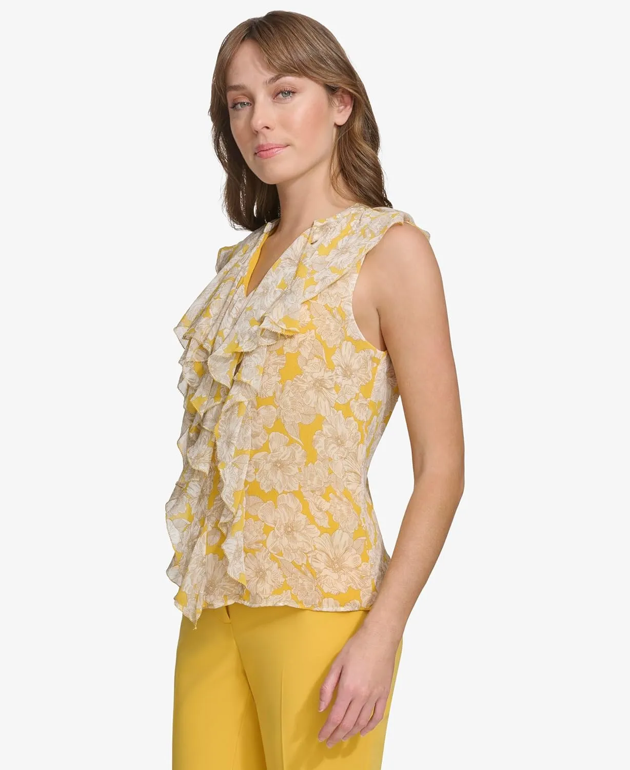 Tommy Hilfiger Women's Work Shirt Sleeveless Ruffle Front Shirts