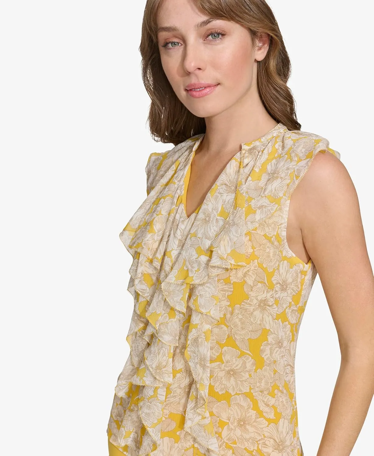 Tommy Hilfiger Women's Work Shirt Sleeveless Ruffle Front Shirts
