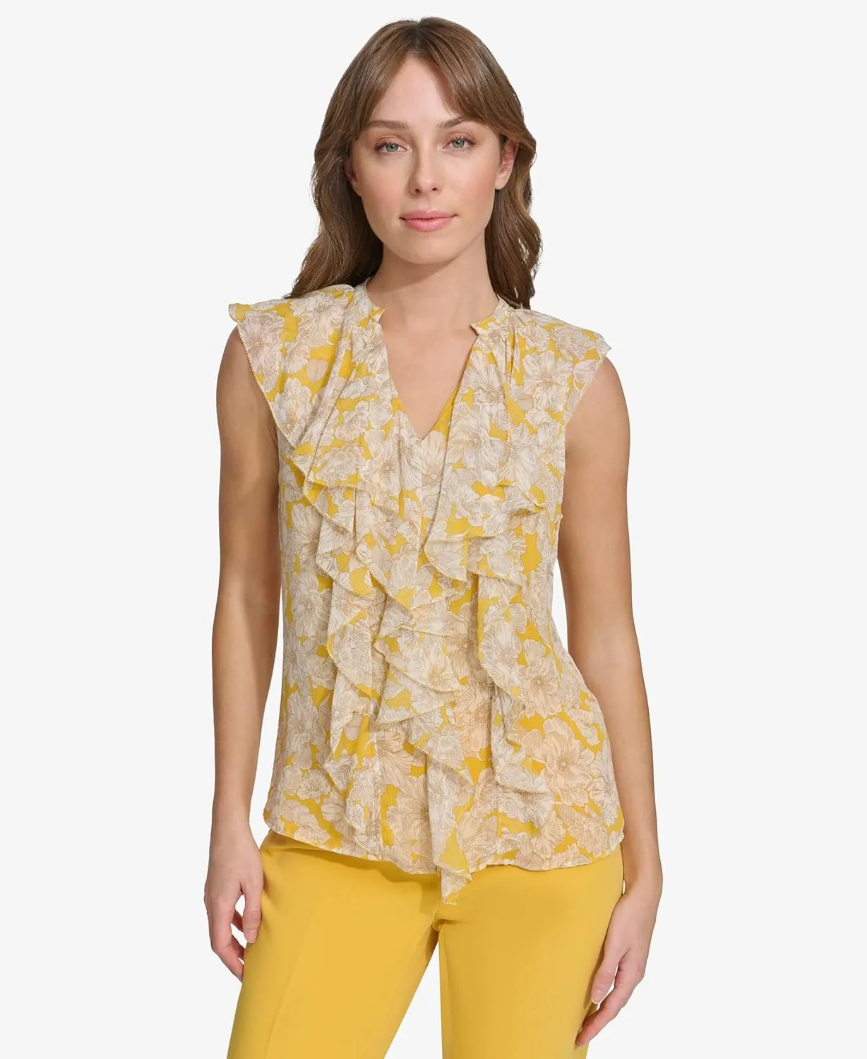 Tommy Hilfiger Women's Work Shirt Sleeveless Ruffle Front Shirts