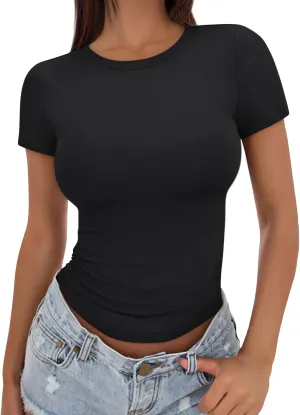 Trendy Queen Womens Basic T Shirts Summer Tops 2025 Crop Short Sleeve Slim Fit Tee Cute Gym Workout Clothes