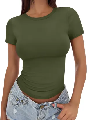 Trendy Queen Womens Basic T Shirts Summer Tops 2025 Crop Short Sleeve Slim Fit Tee Cute Gym Workout Clothes