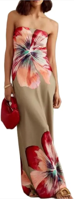 UAURORAO Strapless Tropical Dress for Women Y2k Backless Bandeau Tube Long Dress Boho Floral Vacation Beach Sundress