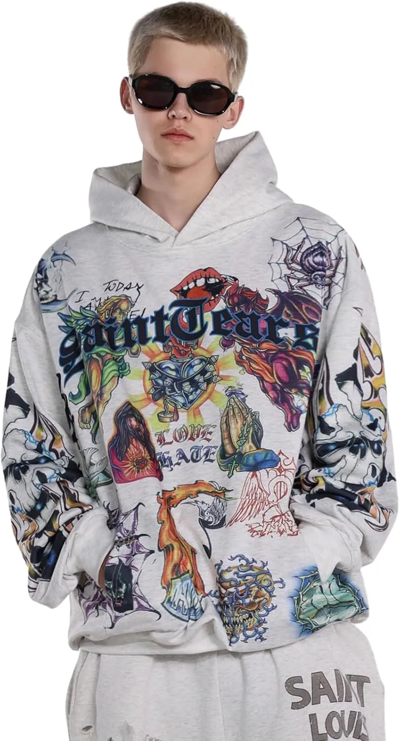 Unisex SAINT Hip Hop Vintage Full Patterm High Printed Loose Hooded Hoodie With Pocket