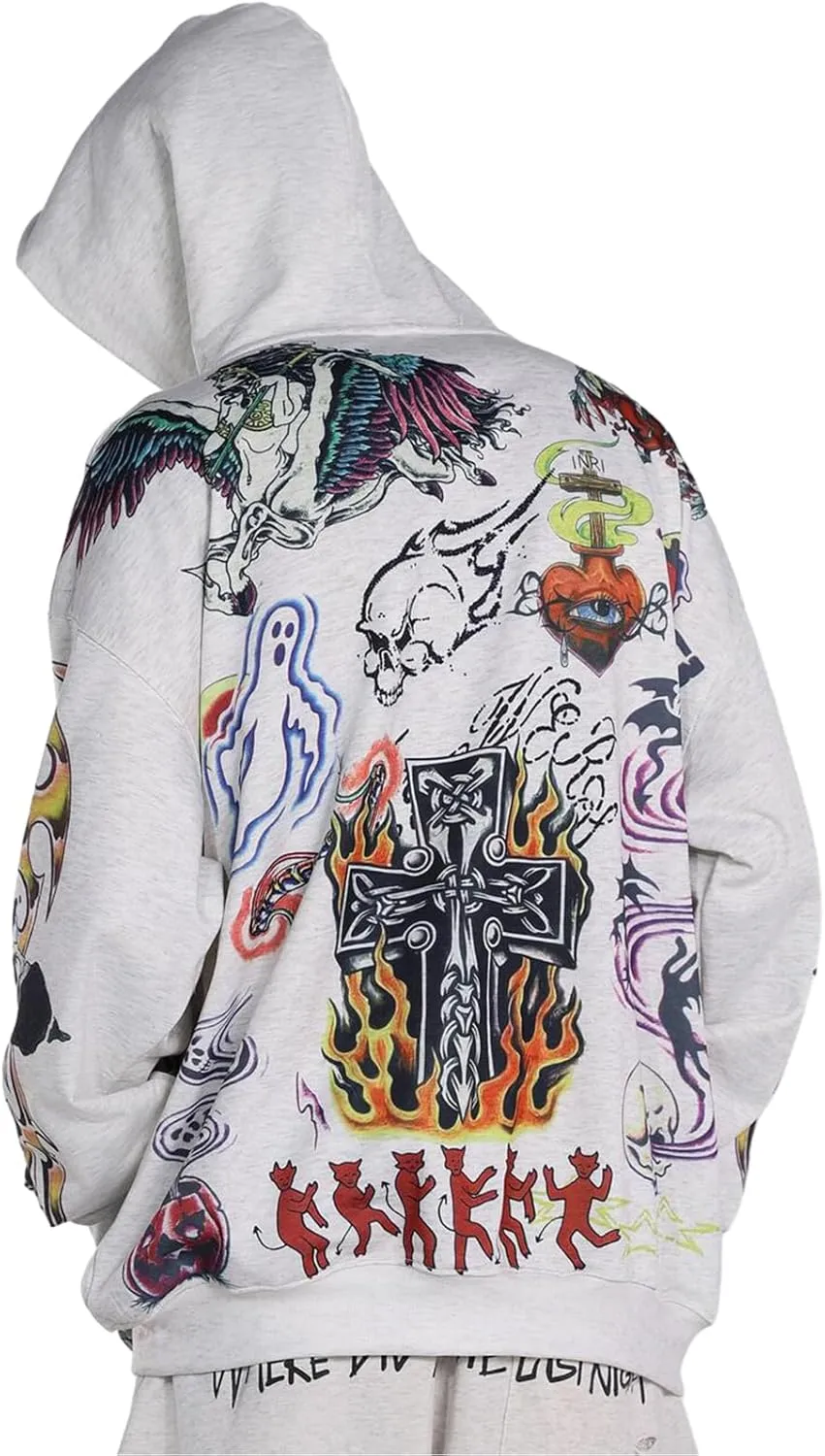 Unisex SAINT Hip Hop Vintage Full Patterm High Printed Loose Hooded Hoodie With Pocket